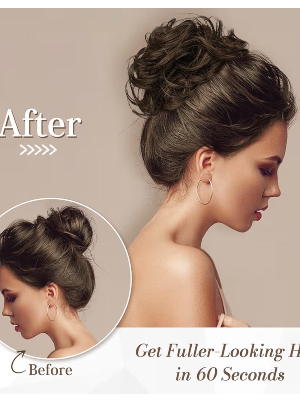 Hair bun extension with 100% natural human hair. Natural brown tone. 30g weigh.